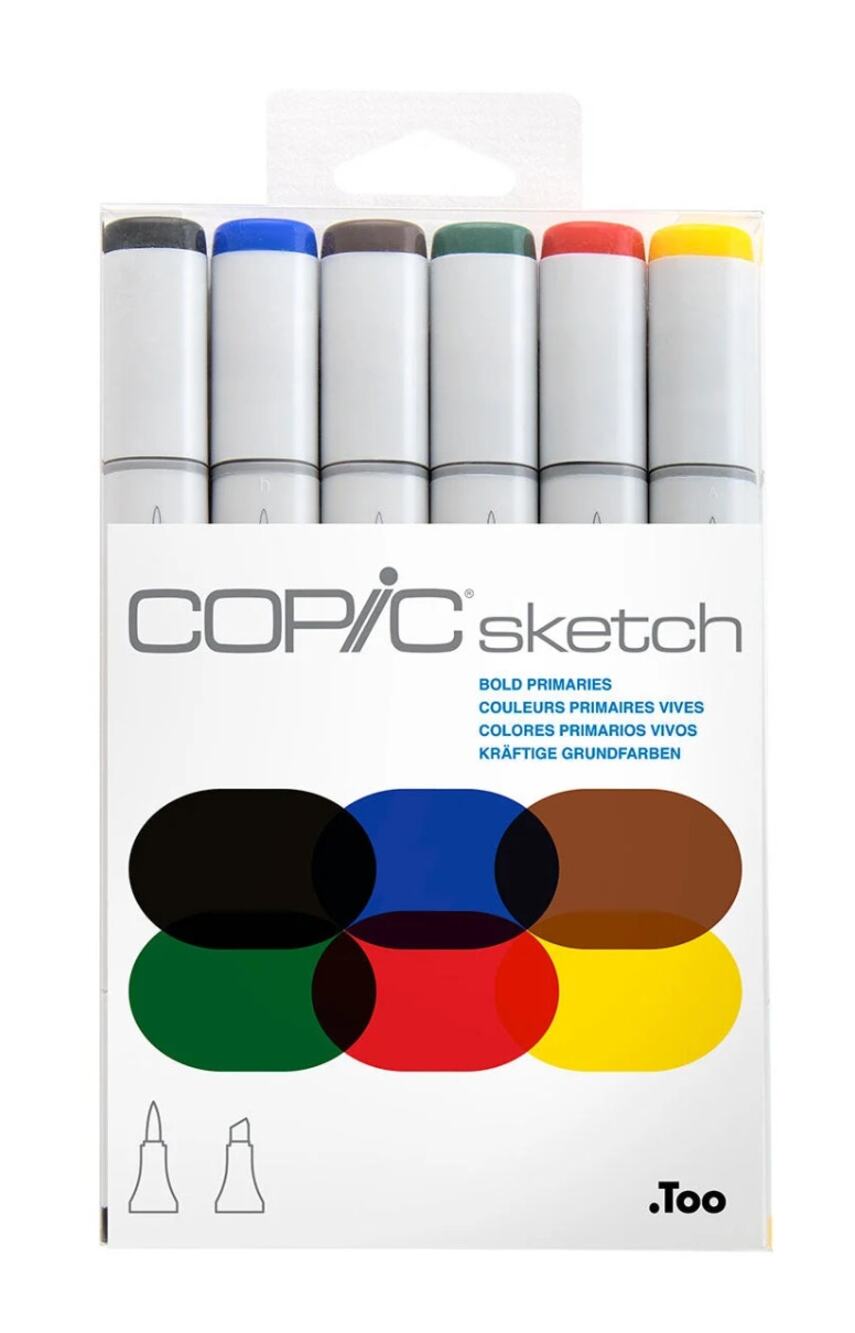 Copic Sketch Bold Primaries 6pc Alcohol Markers Brush Chisel NEW